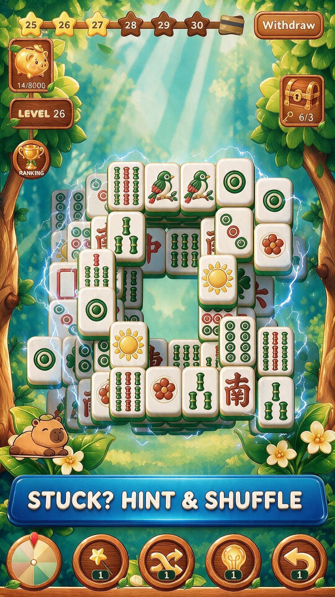 Cozy Forest: Mahjong Journey gameplay with forest tiles and boosters